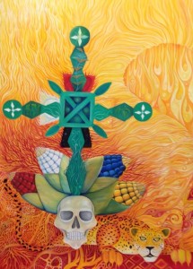 Mural en el que predomina el color rojo, que representa la primigenia energía de la creación: el Dios más viejo era el Fuego, producto del sueño y la continua creatividad, portada nuevamente cada día por el sol naciente; la tinta roja y la tinta negra, diluidas con el agua sagrada de volcán, eran utilizadas en los códices, vasijas, murales y arquitectura mokayas y mayas.