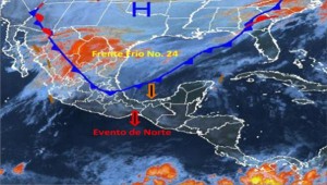 Imagen satelital del Frente Frío No. 24 que provocó lluvias con afectaciones en el Norte de Chiapas. 