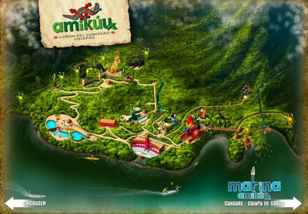 Mapa del Parque Amikuu ubicado en el PArque Nacional del Cañón del Sumidero.