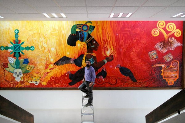 Título: Ik’al Ajaw: Roja Sabiduría Óleo sobre tela 2.80 m de alto x 7.55 m de ancho  Mural de Emilio Gómez Ozuna