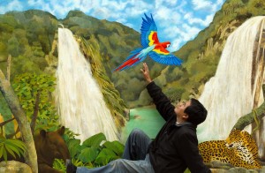 Manuel Cunjama con una de sus obras: Cascadas El Chiflón. Óleo sobre tela. 2014