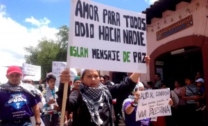 Niño musulmán en San Cristóbal de Las Casas marcha con su consigna escrita en una pancarta,. Foto: Isaín Mandujano