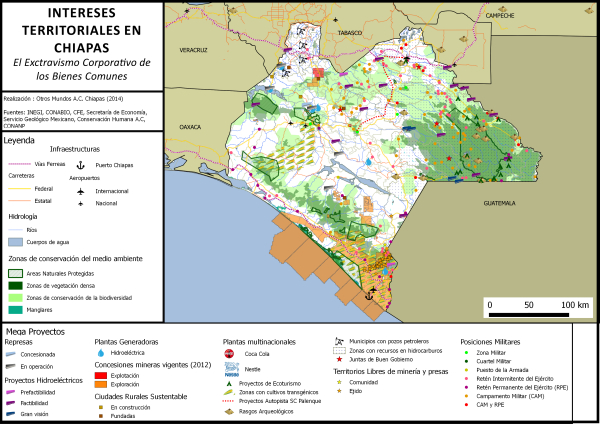 Mapa de la minería y los intereses territoriales en Chiapas. Realización: Otros Mundos A.C. Chiapas (2014)