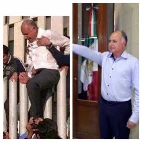 El Secretario de Turismo, Mario Uvence saliendo de una manera "alternativa" de la Torre Chiapas.