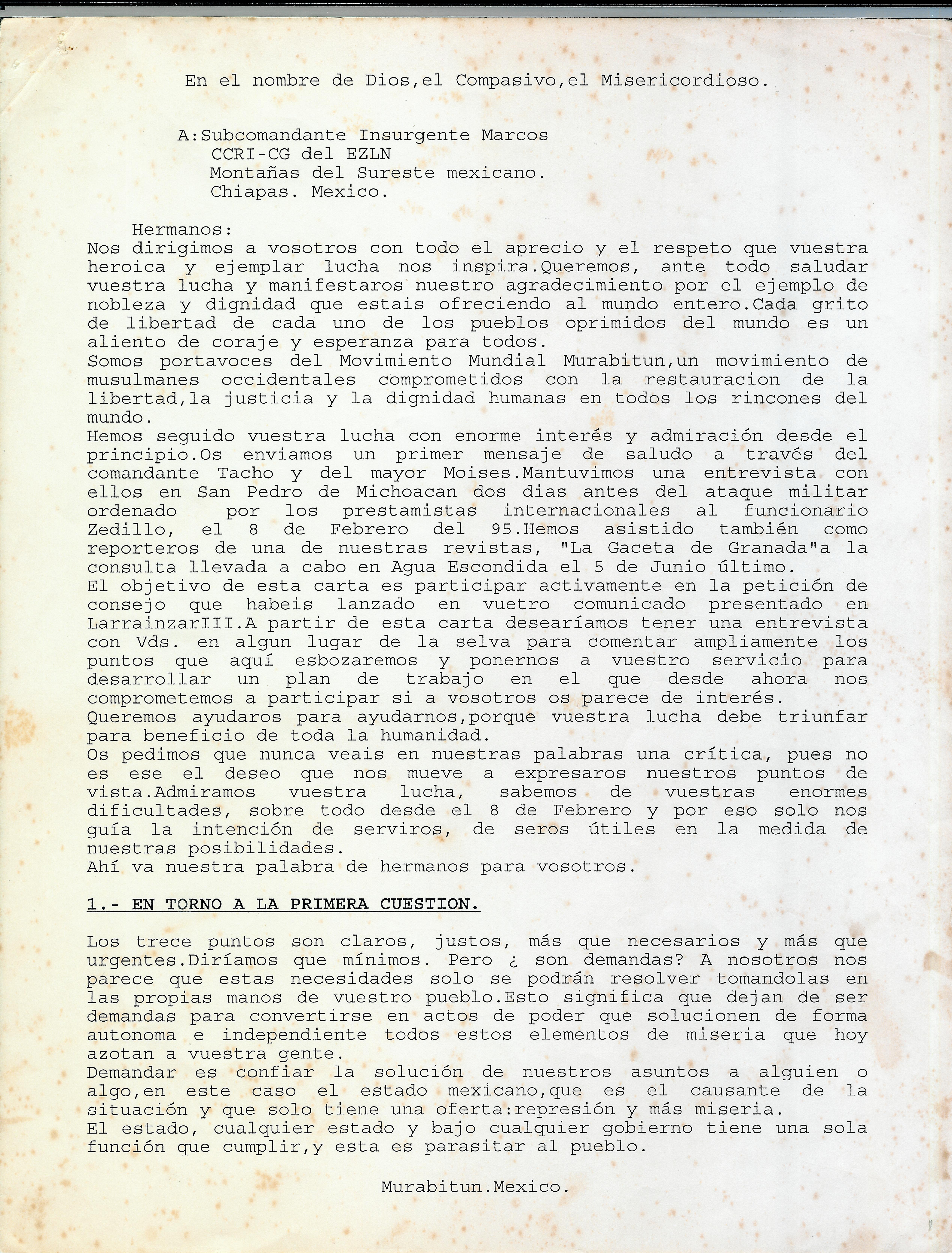 Carta Murabitun a Marcos. Foto: Archivo Gaspar Morquecho