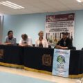 Fermín Ledesma, Pedro Moctezuma, Elena Burns e integrante de Mexicali Resiste, durante el conversatorio dentro de la Facultad de Humanidades de la UNACH. 