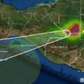 El centro de la Tormenta Tropical "Nana" se localiza en Guatemala, producirá lluvias puntuales intensas en Chiapas, Tabasco y Campeche. Cortesía: SEGURIDAD / CNPC.