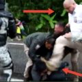 Se denota la actuación de una integrante del Instituto quien patea con su bota en la cara a un integrante, antes lo había forcejeado.