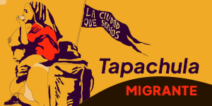 Ilustración de un adulto con un niño migrante portando un banderín con el título La Ciudad que Somos