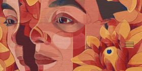 Sé feliz, chiquilla Mural de la artista Gleo con rostros de mujeres.